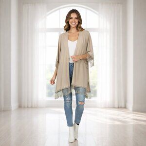2 for $20 Ms. Bella D Tassel Open Cardigan Cover Up Large Beige Boho Flowy Light